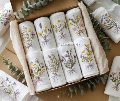 Embroidered Linen Napkins – Wildflower Bouquet Design | 100% Linen Cloth Napkins | Wedding, Housewarming, Mother's Day Gift