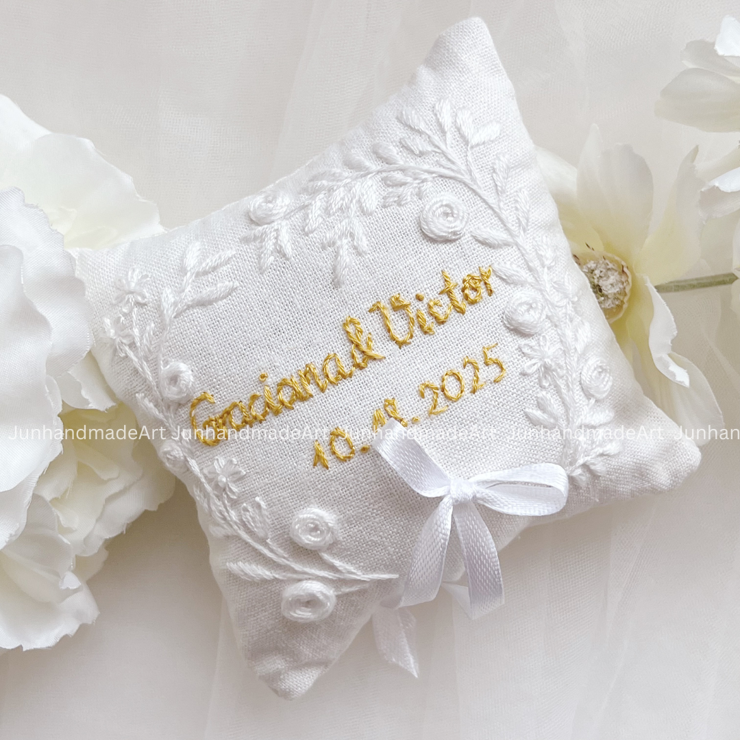 Silky Flower Bearer Pillow Linen Wedding Cushion Hand Embroidery Ring Holder Floral Ring Pillow Wedding Gift