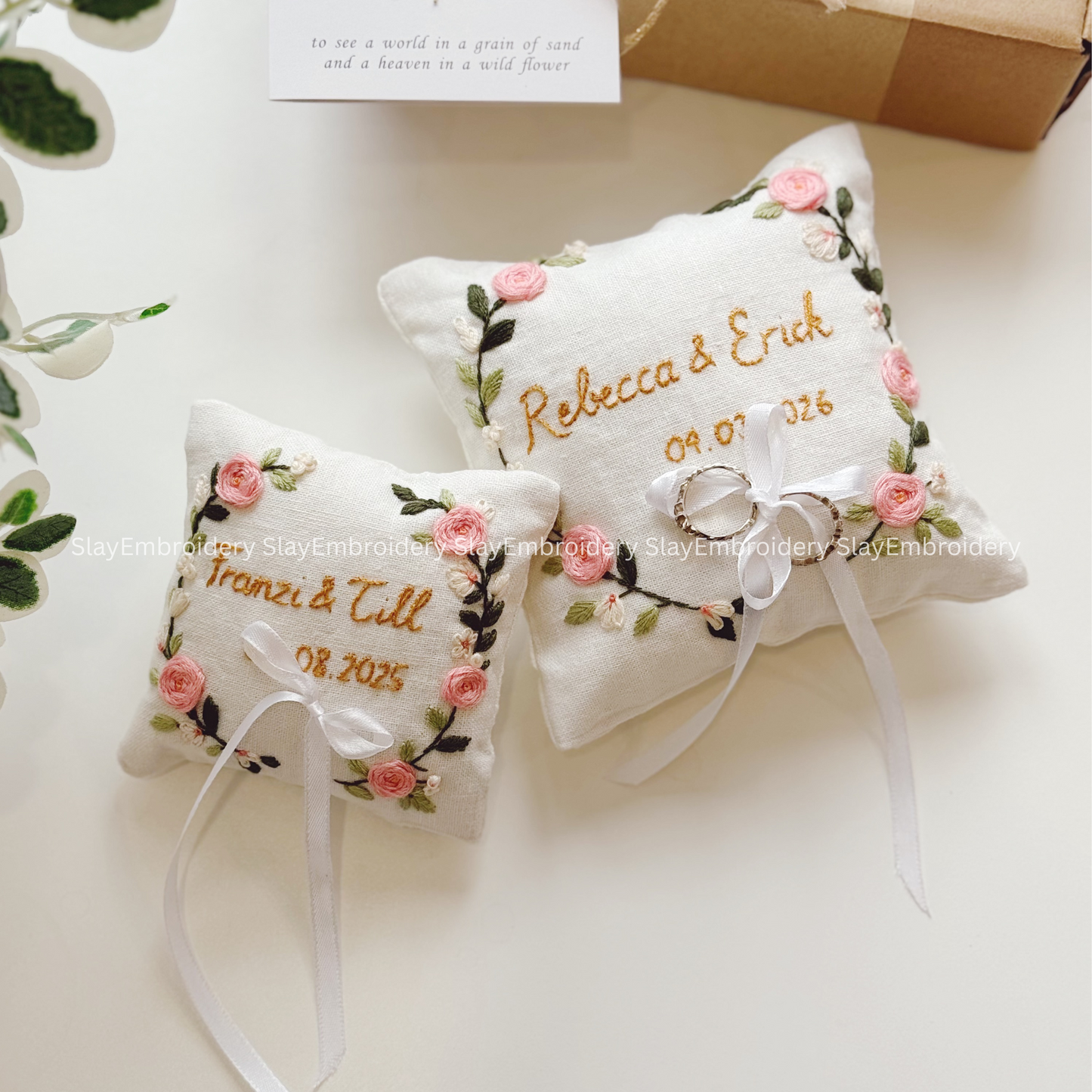 Custom Blooming Roses Bearer Pillow Linen Wedding Cushion Hand Embroidery Ring Holder Floral Ring Pillow Wedding Gift