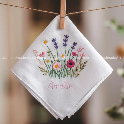 Embroidered Wedding Handkerchief – Custom Floral Hankie for Bride, Bridal Gift, Personalized with Name & Date, Gift for Bride