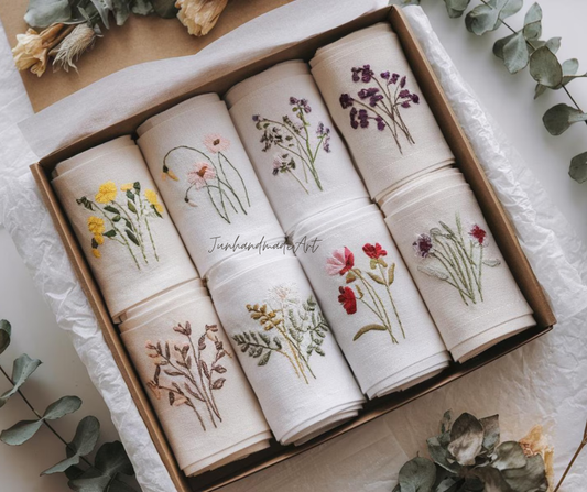 Embroidered Linen Napkins – Wildflower Bouquet Design | 100% Linen Cloth Napkins | Wedding, Housewarming, Mother's Day Gift