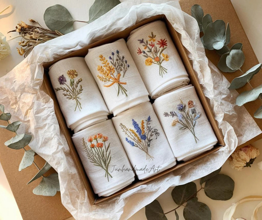 Embroidered Linen Napkins – Wildflower Bouquet Design | 100% Linen Cloth Napkins | Wedding, Housewarming, Mother's Day Gift