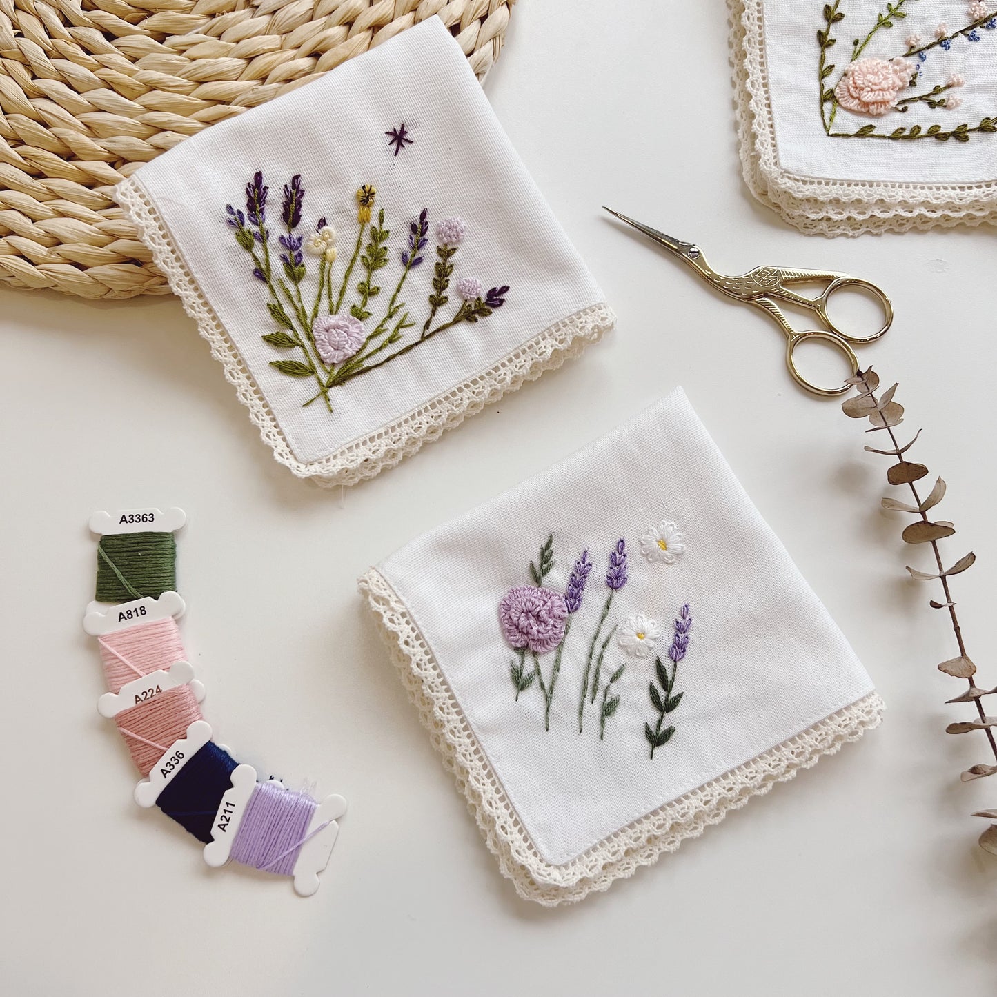 Purple Lavenders Wild Flowers Wedding Handkerchief, Custom Embroidered Handkerchief, Linen Handkerchiefs