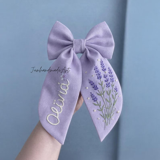Personalized Linen Hair Bow – Hand Embroidered Flower Bow with Initial – Custom Name Text Bow for Girls, Handmade Hairpin Bow for Girl