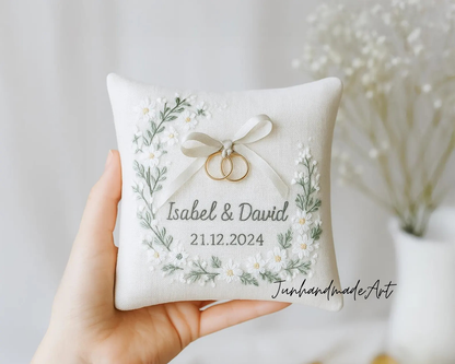 Personalized Embroidered Ring Bearer Pillow, Winter Flower Linen Wedding Gift, Hand Embroidery Ring Holder Leaf Woodland Pillow, Custom Name