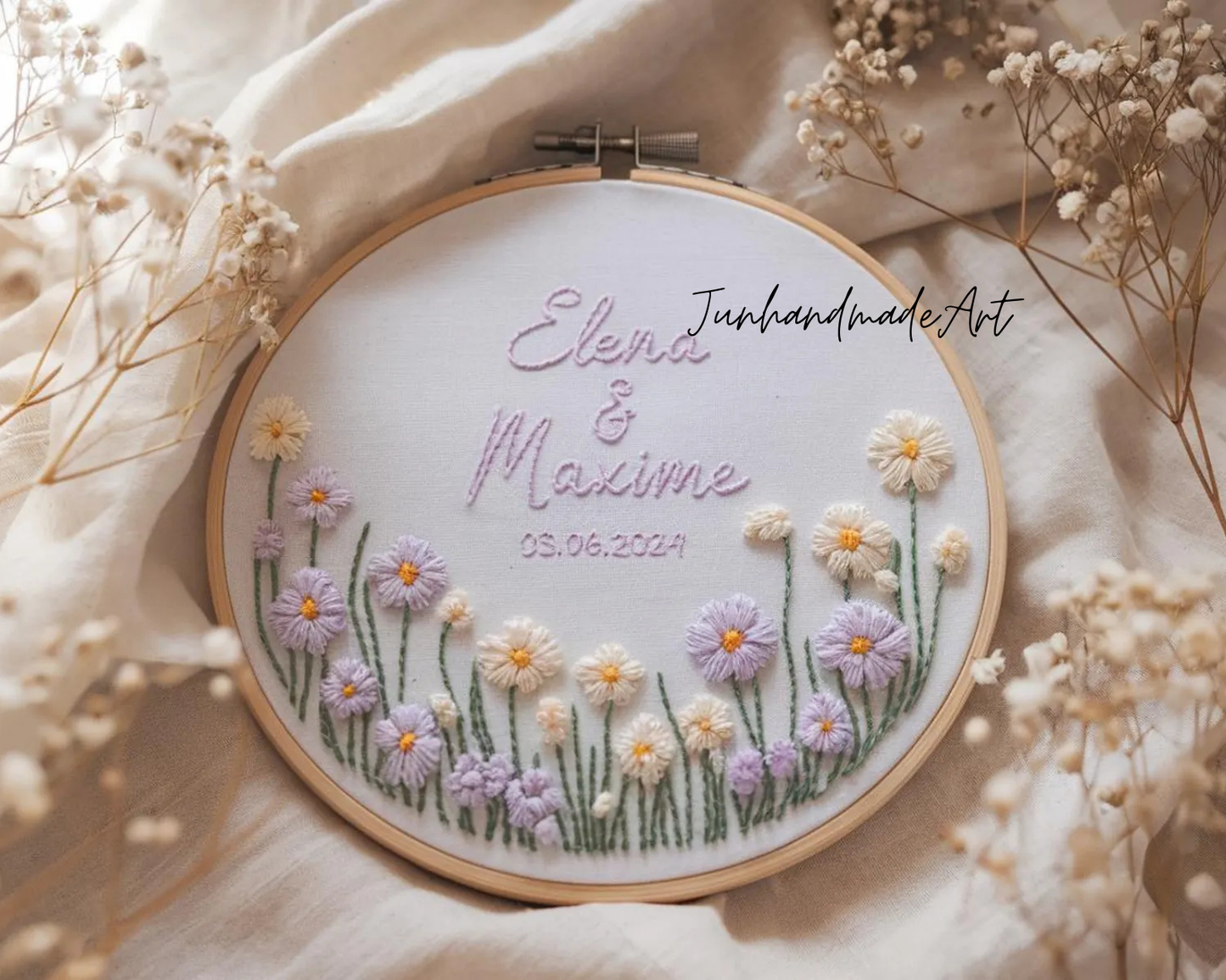 Custom Wedding Embroidery Hoop with Flowers and Names – Personalized Hand Embroidered Wildflowers Gift for Couple, Anniversary
