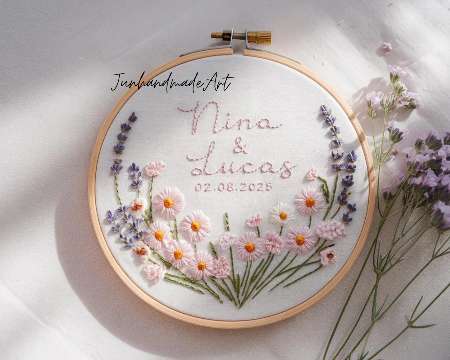 Custom Wedding Embroidery Hoop with Flowers and Names – Personalized Hand Embroidered Wildflowers Gift for Couple, Anniversary