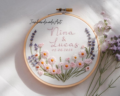 Custom Wedding Embroidery Hoop with Flowers and Names – Personalized Hand Embroidered Wildflowers Gift for Couple, Anniversary