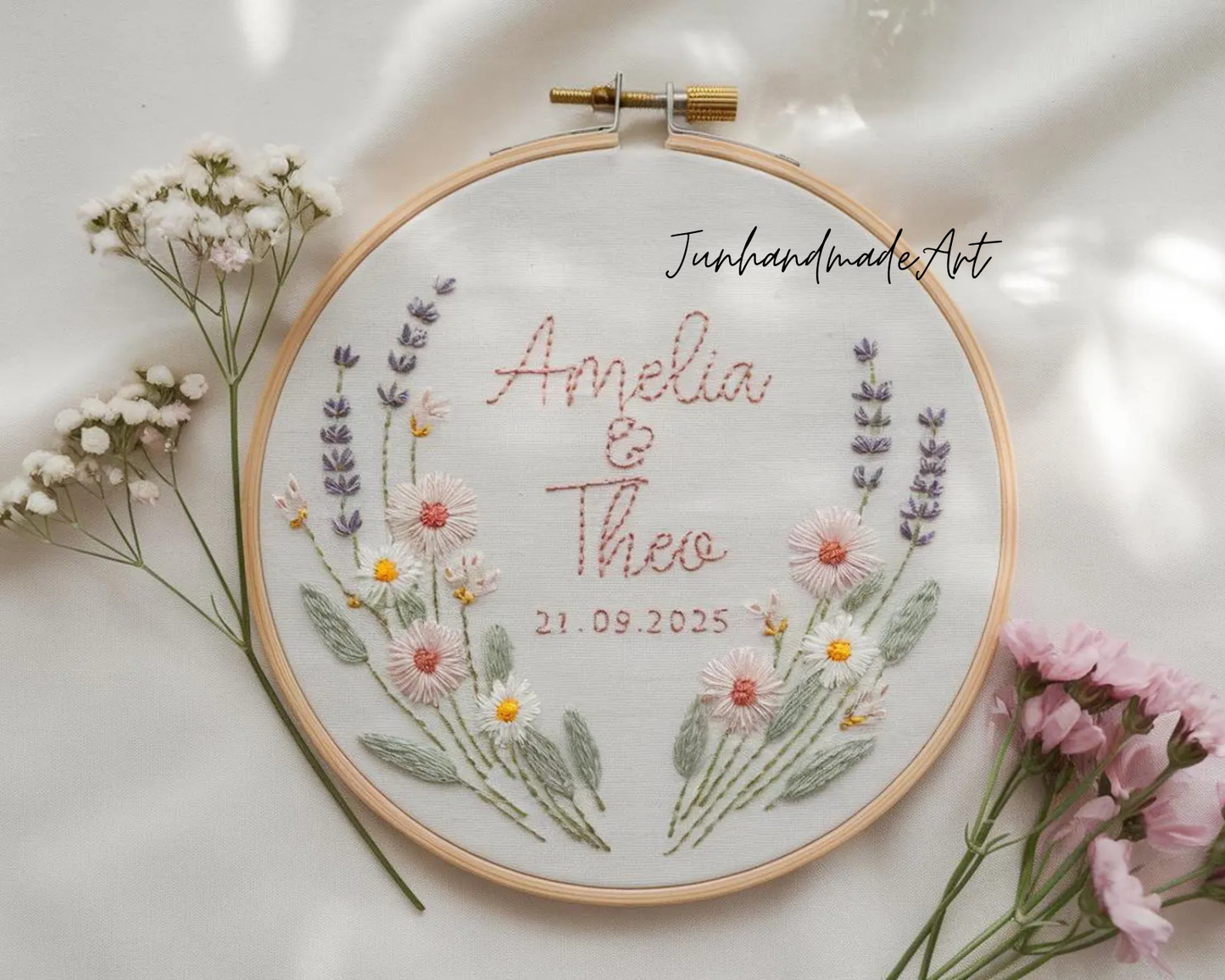 Custom Wedding Embroidery Hoop with Flowers and Names – Personalized Hand Embroidered Wildflowers Gift for Couple, Anniversary