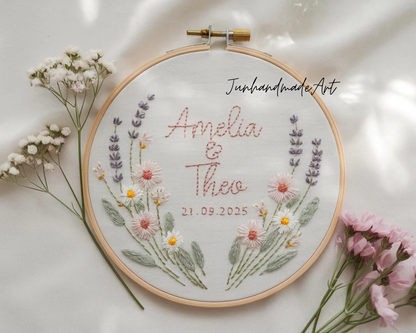 Custom Wedding Embroidery Hoop with Flowers and Names – Personalized Hand Embroidered Wildflowers Gift for Couple, Anniversary