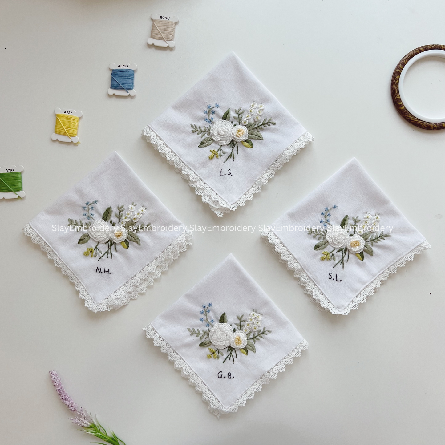White Bloom Glow Wedding Handkerchief, Custom Embroidered Handkerchief, Linen Handkerchiefs