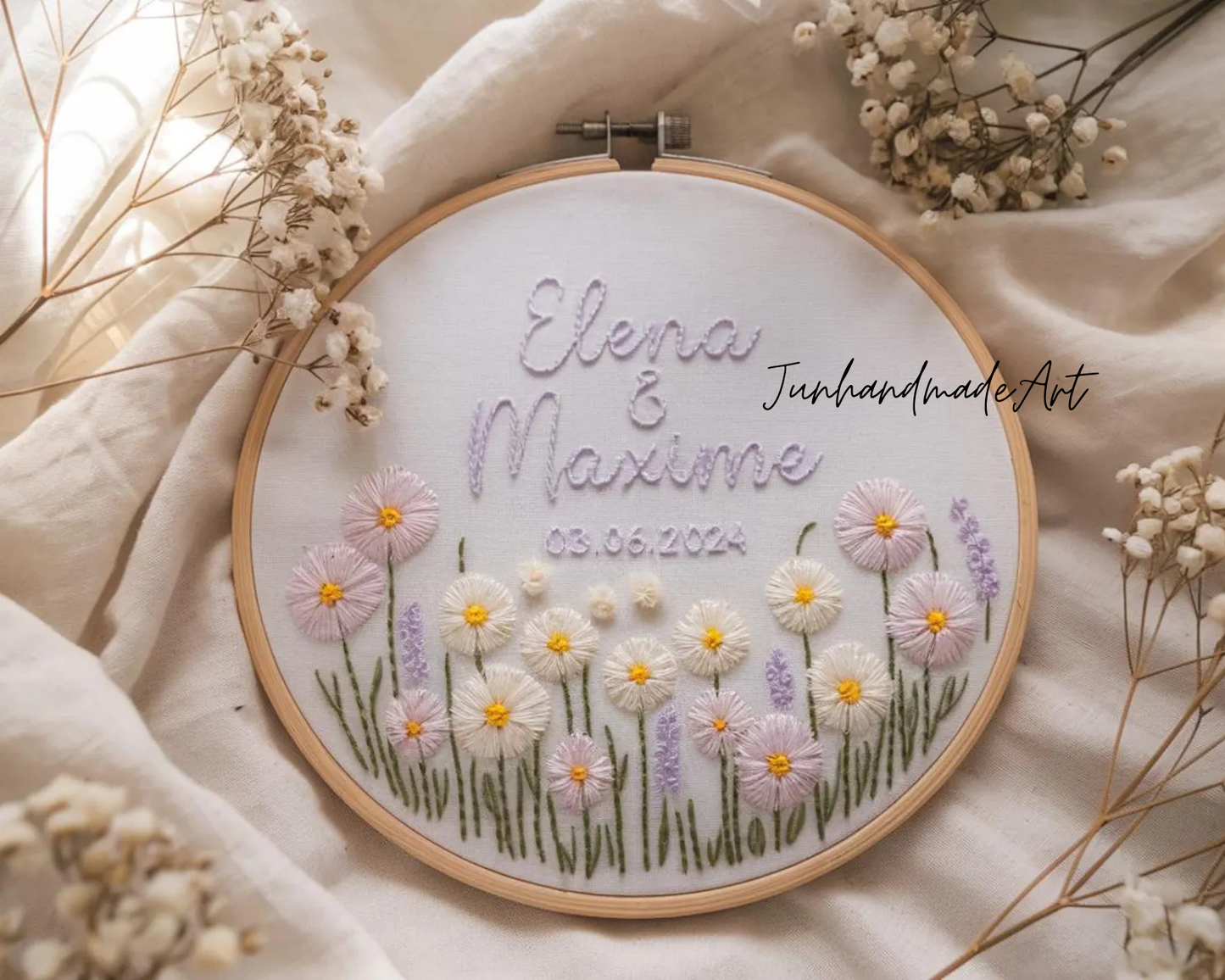 Custom Wedding Embroidery Hoop with Flowers and Names – Personalized Hand Embroidered Wildflowers Gift for Couple, Anniversary