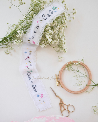 Personalized Embroidered Wedding Ribbon – Custom Linen Tie for Bouquet or Hair, Hand-stitched with Names & Date, Bridal Keepsake Gift