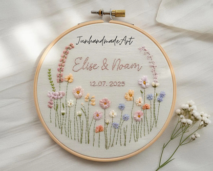 Custom Wedding Embroidery Hoop with Flowers and Names – Personalized Hand Embroidered Wildflowers Gift for Couple, Anniversary