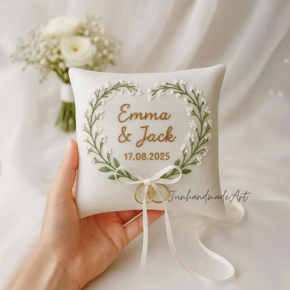 Personalized Embroidered Ring Bearer Pillow, Custom Linen Wedding Cushion, Hand Embroidery Ring Holder, Floral Ring Pillow, Wedding Gift
