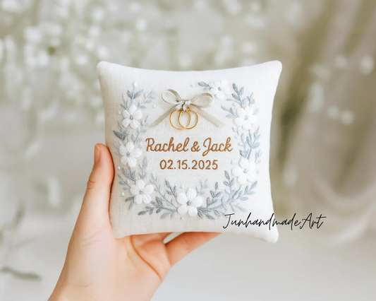 Personalized Embroidered Ring Bearer Pillow, Winter Flower Linen Wedding Gift, Hand Embroidery Ring Holder Leaf Woodland Pillow, Custom Name