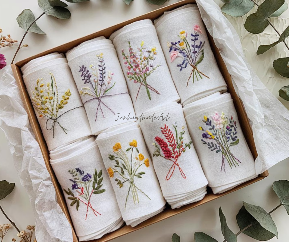 Embroidered Linen Napkins – Wildflower Bouquet Design | 100% Linen Cloth Napkins | Wedding, Housewarming, Mother's Day Gift
