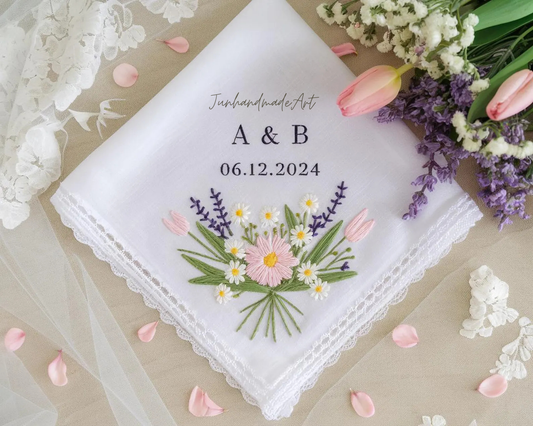 Embroidered Wedding Handkerchief – Custom Floral Hankie for Bride, Bridal Gift, Personalized with Name & Date, Gift for Bride
