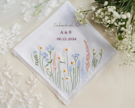 Embroidered Wedding Handkerchief – Custom Floral Hankie for Bride, Bridal Gift, Personalized with Name & Date, Gift for Bride