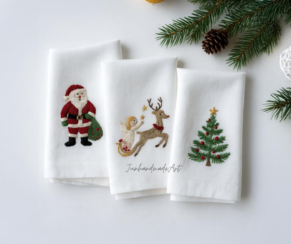 Set 3 Embroidered Linen Christmas Napkins – Christmas Bouquet Design | 100% Linen Cloth Napkins | Christmas, Housewarming, Christmas Gift