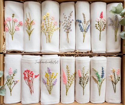 Embroidered Linen Napkins – Wildflower Bouquet Design | 100% Linen Cloth Napkins | Wedding, Housewarming, Mother's Day Gift