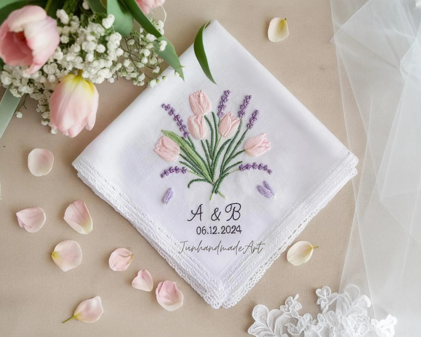 Embroidered Wedding Handkerchief – Custom Floral Hankie for Bride, Bridal Gift, Personalized with Name & Date, Gift for Bride