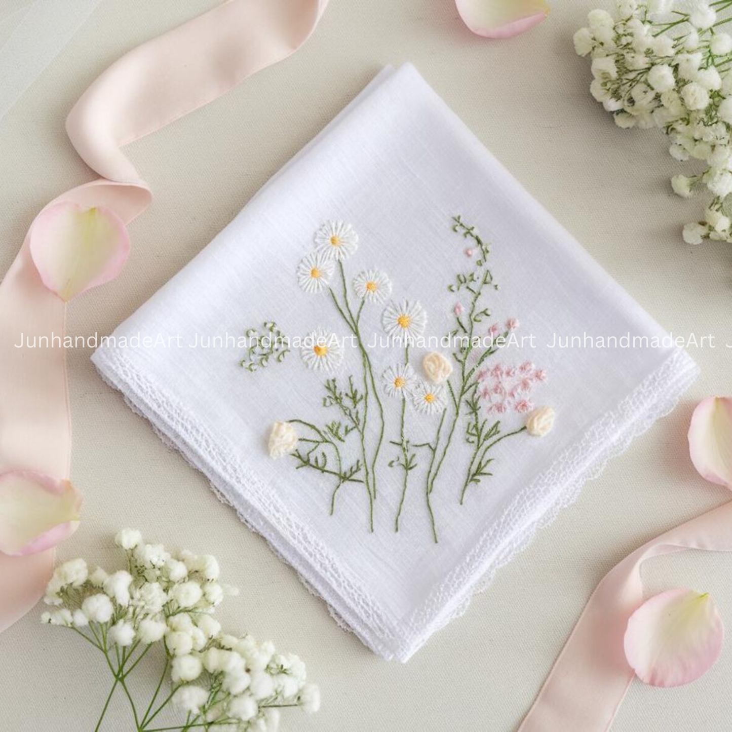Embroidered Wedding Handkerchief – Custom Floral Hankie for Bride, Bridal Gift, Personalized with Name & Date, Gift for Bride