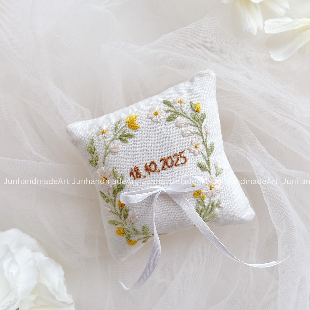 WIld Flower Bearer Pillow Linen Wedding Cushion Hand Embroidery Ring Holder Floral Ring Pillow Wedding Gift