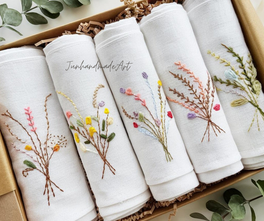 Embroidered Linen Napkins – Wildflower Bouquet Design | 100% Linen Cloth Napkins | Wedding, Housewarming, Mother's Day Gift