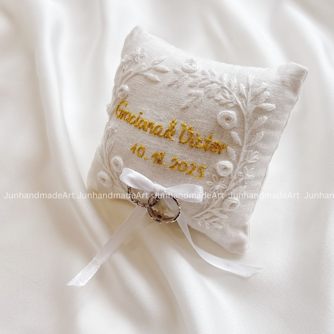 Silky Flower Bearer Pillow Linen Wedding Cushion Hand Embroidery Ring Holder Floral Ring Pillow Wedding Gift