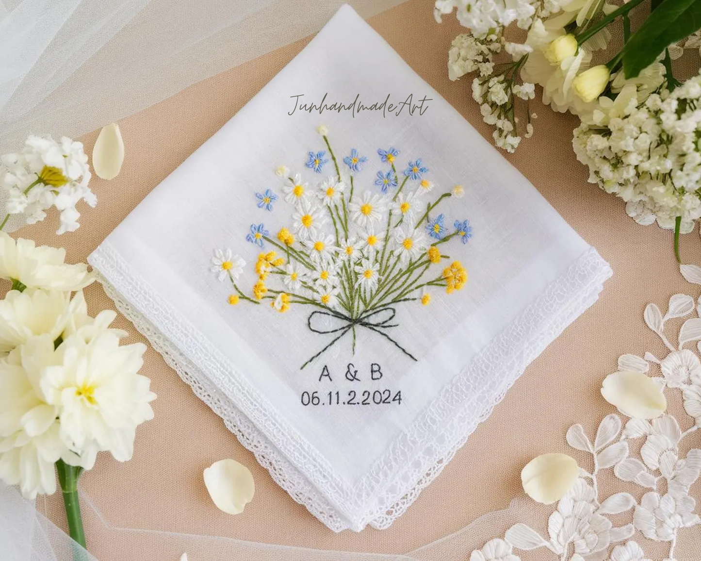 Embroidered Wedding Handkerchief – Custom Floral Hankie for Bride, Bridal Gift, Personalized with Name & Date, Gift for Bride
