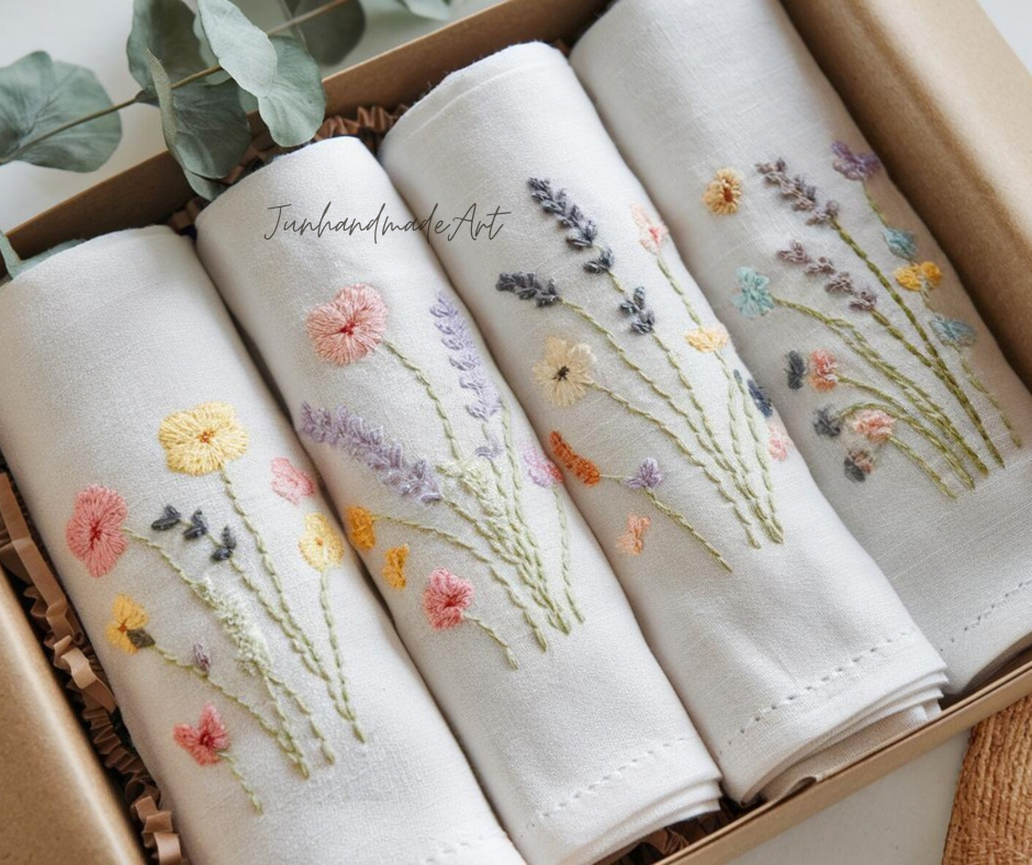 Embroidered Linen Napkins – Wildflower Bouquet Design | 100% Linen Cloth Napkins | Wedding, Housewarming, Mother's Day Gift