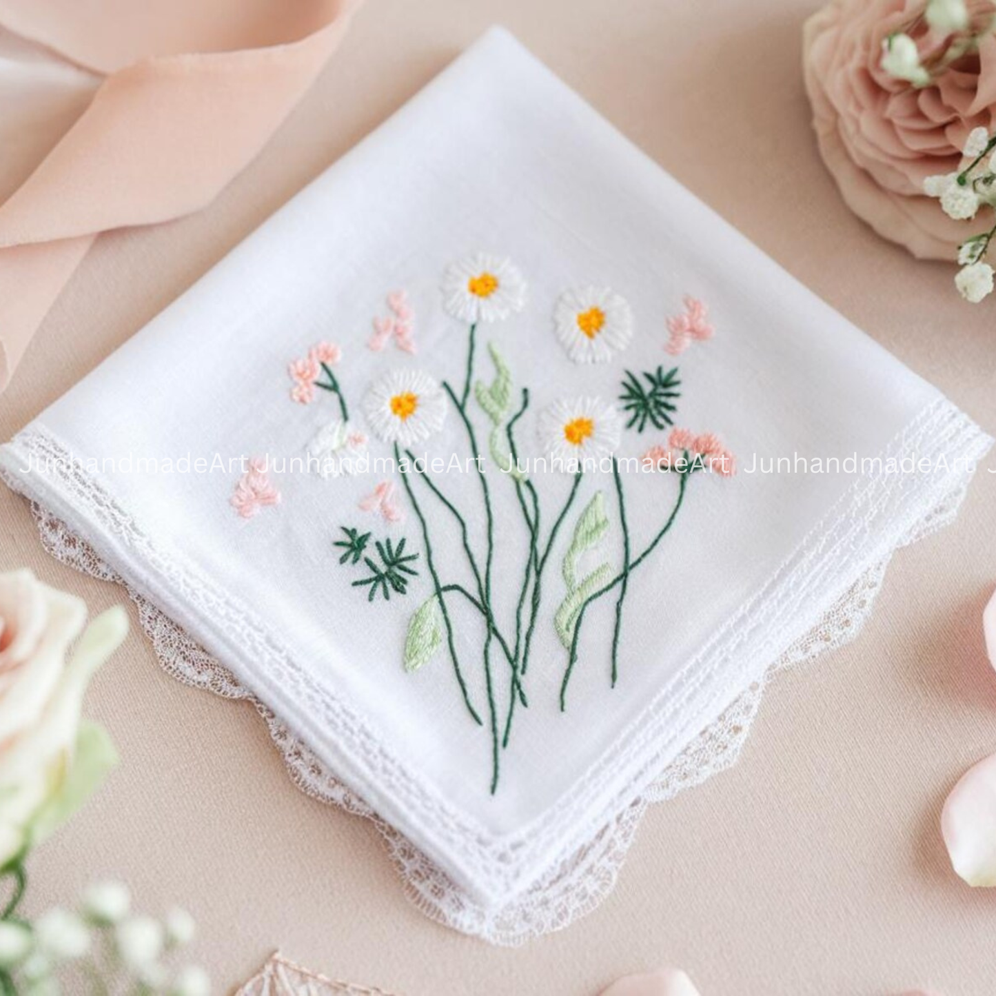 Embroidered Wedding Handkerchief – Custom Floral Hankie for Bride, Bridal Gift, Personalized with Name & Date, Gift for Bride