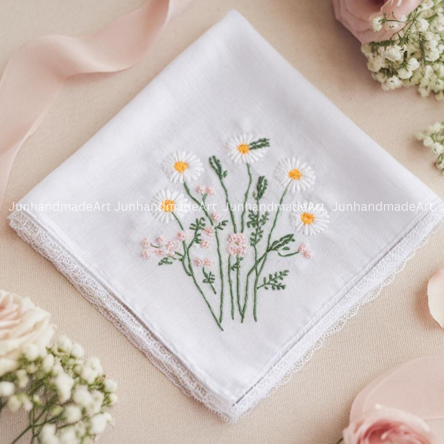 Embroidered Wedding Handkerchief – Custom Floral Hankie for Bride, Bridal Gift, Personalized with Name & Date, Gift for Bride