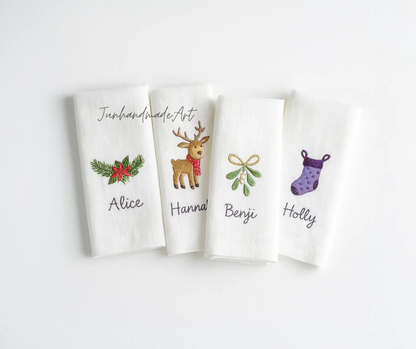 Set 4 Embroidered Linen Christmas Napkins – Christmas Bouquet Design | 100% Linen Cloth Napkins | Christmas, Custom Name, Christmas Gift