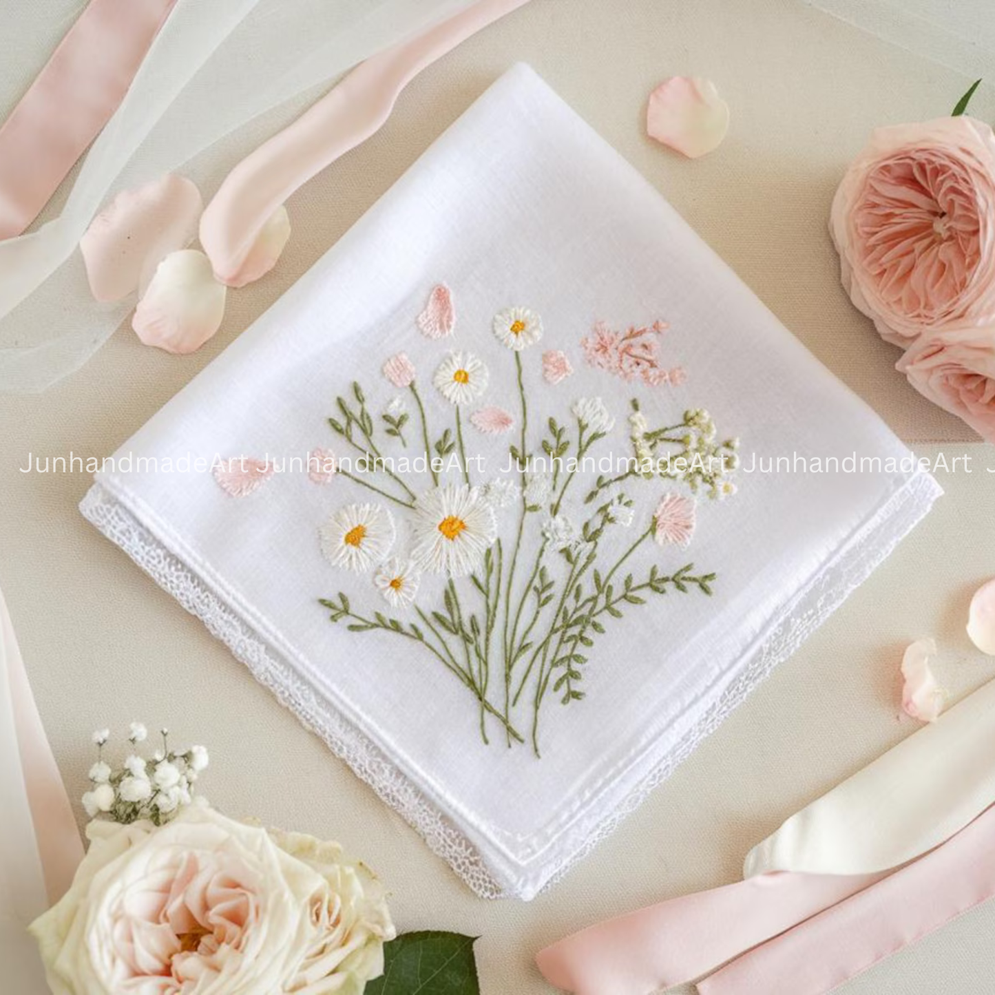 Embroidered Wedding Handkerchief – Custom Floral Hankie for Bride, Bridal Gift, Personalized with Name & Date, Gift for Bride