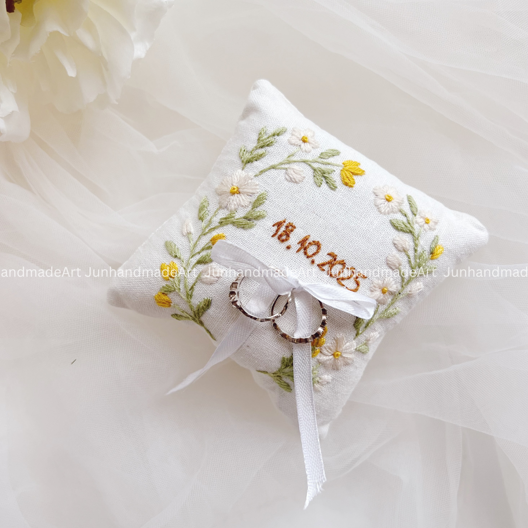 WIld Flower Bearer Pillow Linen Wedding Cushion Hand Embroidery Ring Holder Floral Ring Pillow Wedding Gift