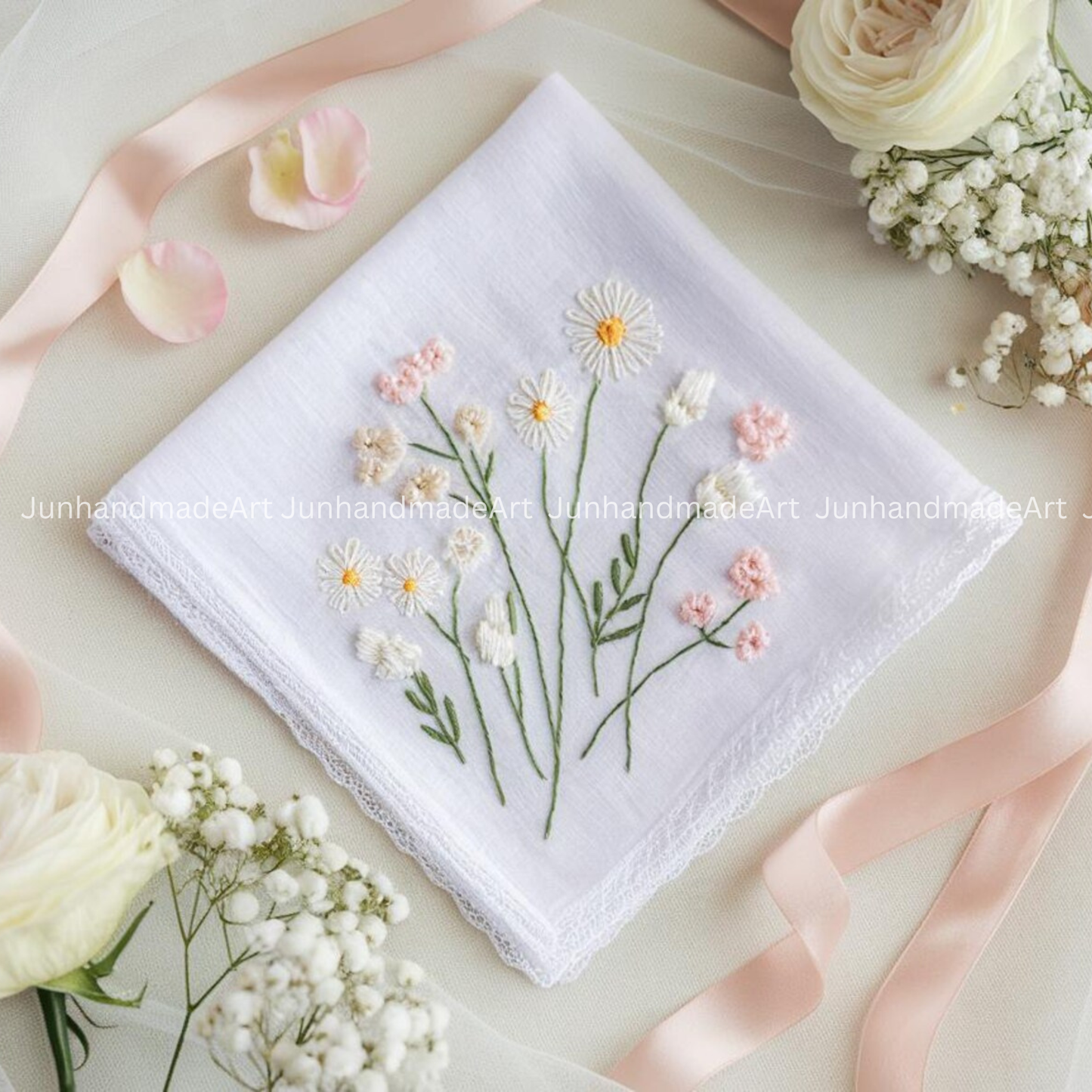Embroidered Wedding Handkerchief – Custom Floral Hankie for Bride, Bridal Gift, Personalized with Name & Date, Gift for Bride