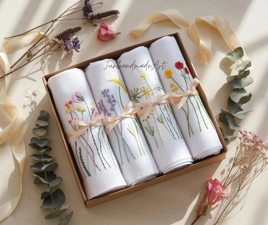 Set 4 Embroidered Linen Napkins – Wildflower Bouquet Design | 100% Linen Cloth Napkins | Wedding, Housewarming, Wedding Gift
