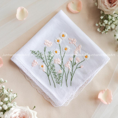 Embroidered Wedding Handkerchief – Custom Floral Hankie for Bride, Bridal Gift, Personalized with Name & Date, Gift for Bride