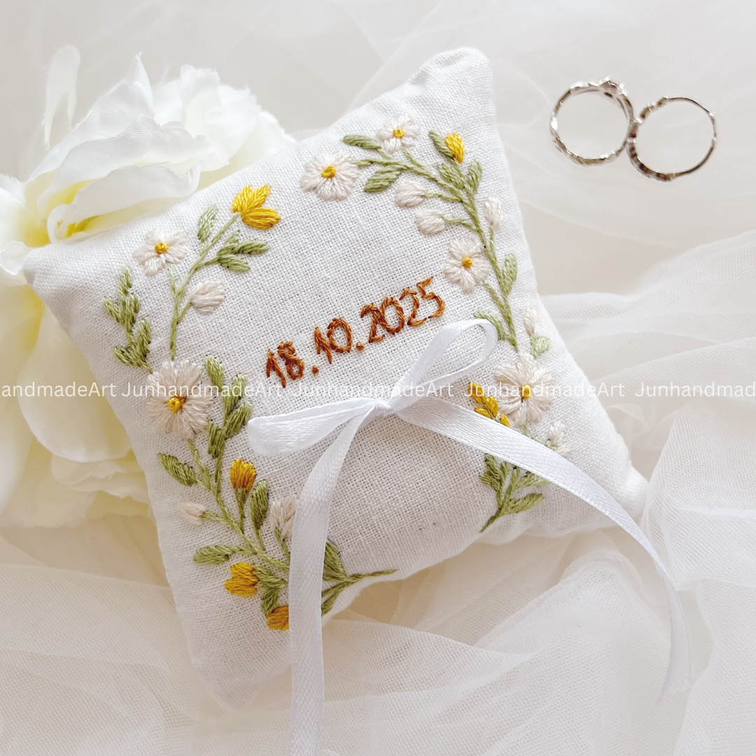 WIld Flower Bearer Pillow Linen Wedding Cushion Hand Embroidery Ring Holder Floral Ring Pillow Wedding Gift