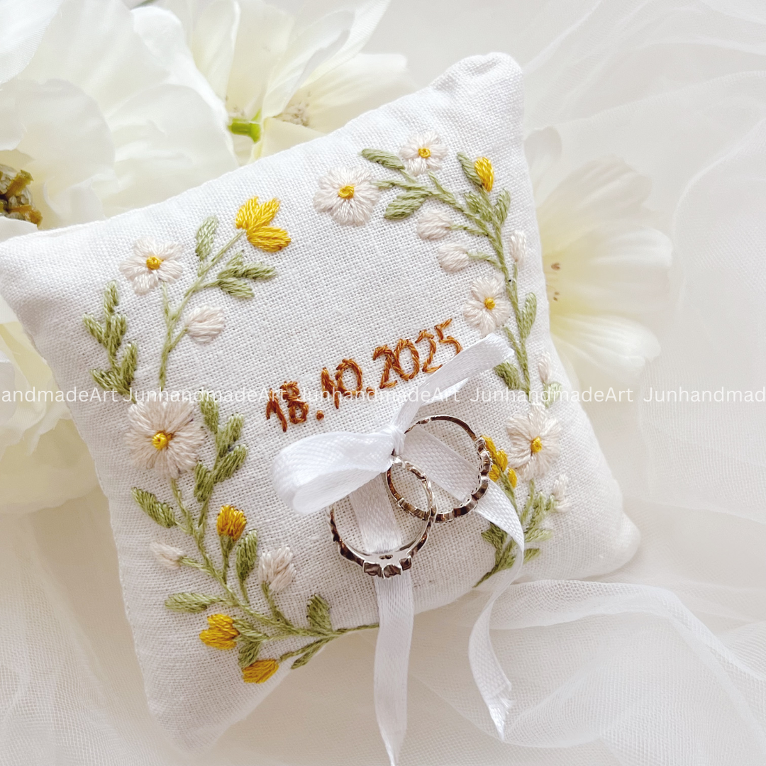 WIld Flower Bearer Pillow Linen Wedding Cushion Hand Embroidery Ring Holder Floral Ring Pillow Wedding Gift