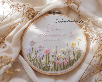 Custom Wedding Embroidery Hoop with Flowers and Names – Personalized Hand Embroidered Wildflowers Gift for Couple, Anniversary