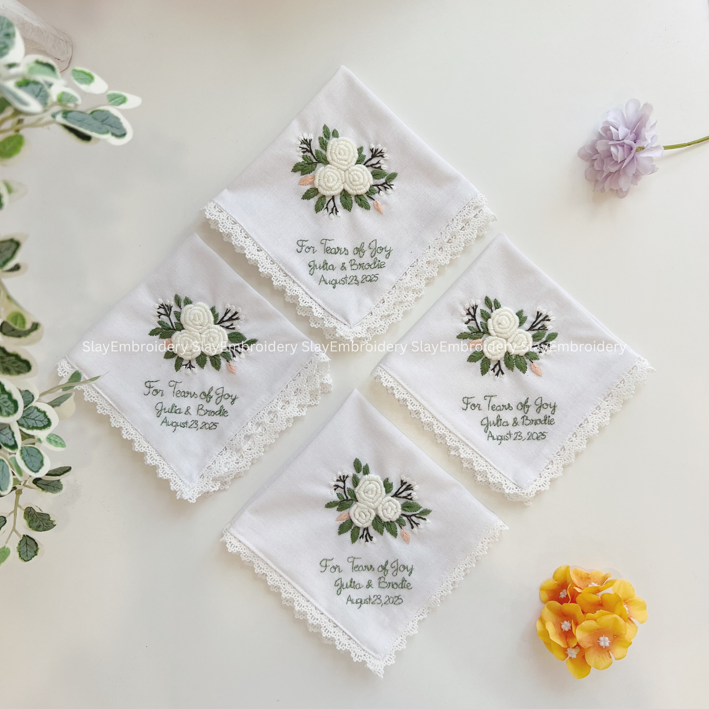 White Rose Garden Wedding Handkerchief, Custom Embroidered Handkerchief, Linen Handkerchiefs