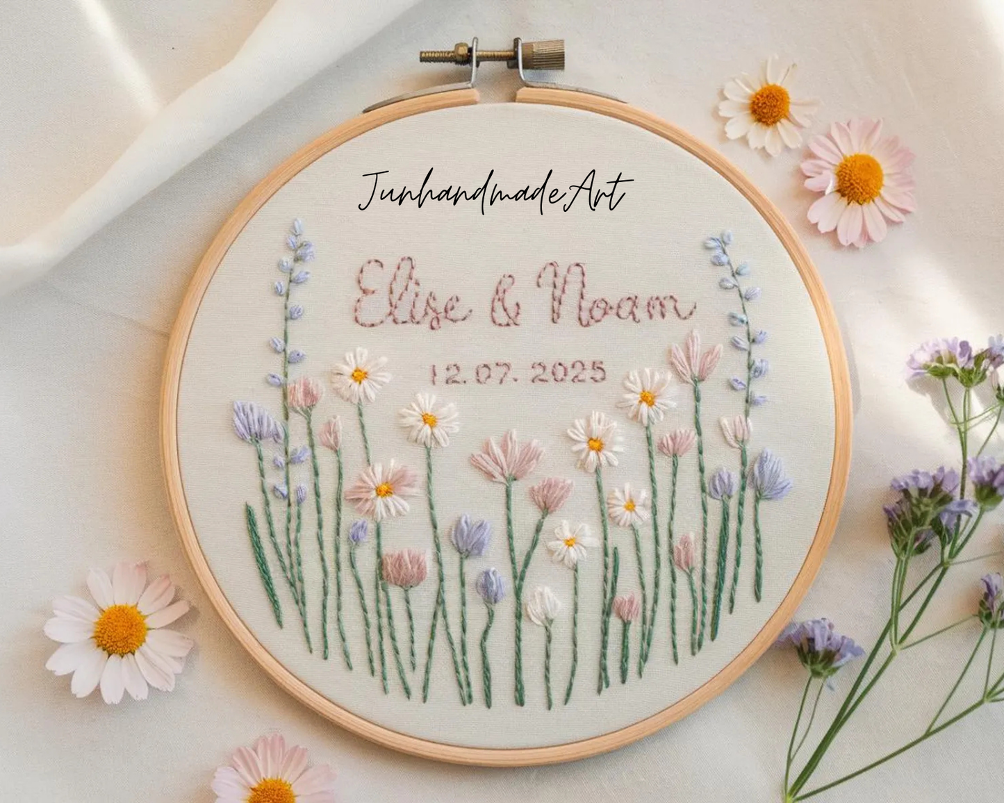 Custom Wedding Embroidery Hoop with Flowers and Names – Personalized Hand Embroidered Wildflowers Gift for Couple, Anniversary