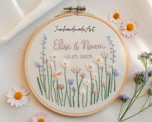 Custom Wedding Embroidery Hoop with Flowers and Names – Personalized Hand Embroidered Wildflowers Gift for Couple, Anniversary