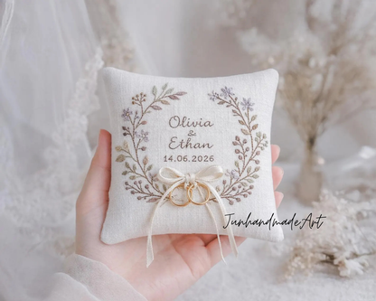 Personalized Embroidered Ring Bearer Pillow, Custom Linen Wedding Cushion, Hand Embroidery Ring Holder, Floral Ring Pillow, Wedding Gift