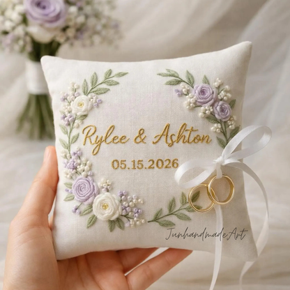 Personalized Embroidered Ring Bearer Pillow, Custom Linen Wedding Cushion, Hand Embroidery Ring Holder, Floral Ring Pillow, Wedding Gift