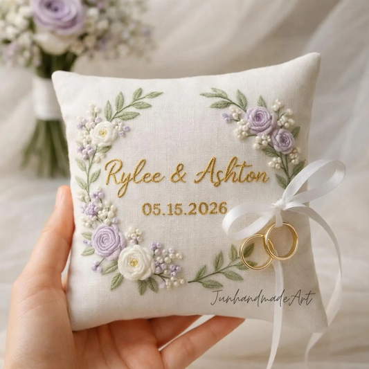Personalized Embroidered Ring Bearer Pillow, Custom Linen Wedding Cushion, Hand Embroidery Ring Holder, Floral Ring Pillow, Wedding Gift