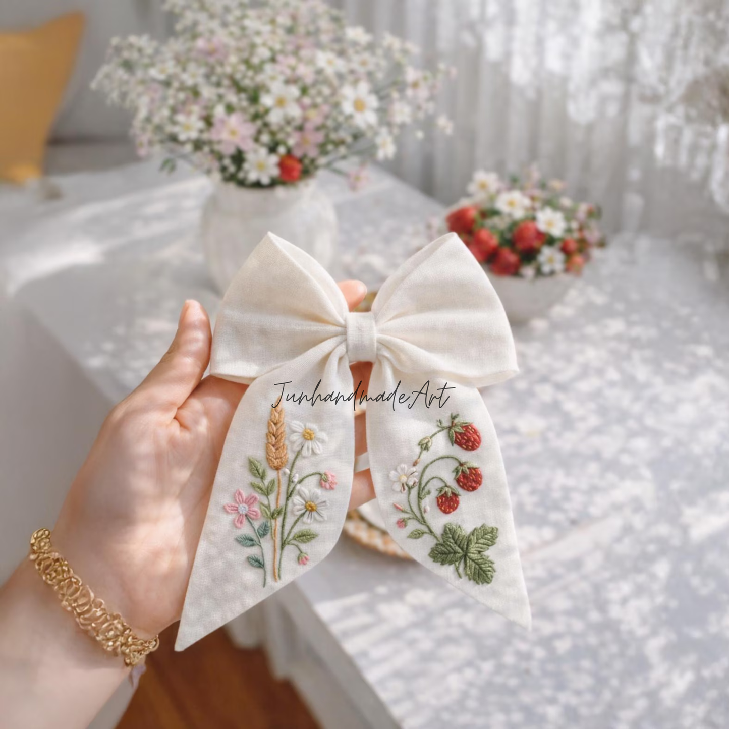 Personalized Linen Hair Bow – Hand Embroidered Flower Bow with Initial – Custom Name Text Bow for Girls, Handmade Hairpin Bow for Girl